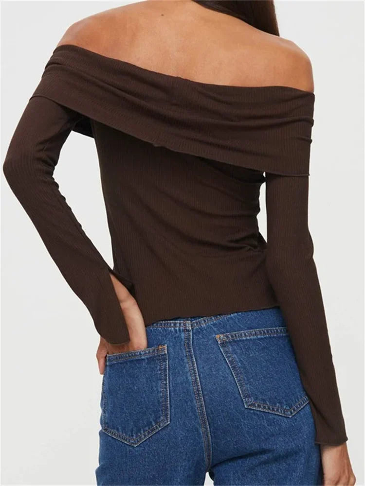FashionSierra - Long Sleeve Off-shoulder Backless Button Up Slim Fit Ribbed Solid Color Clubwear Tee