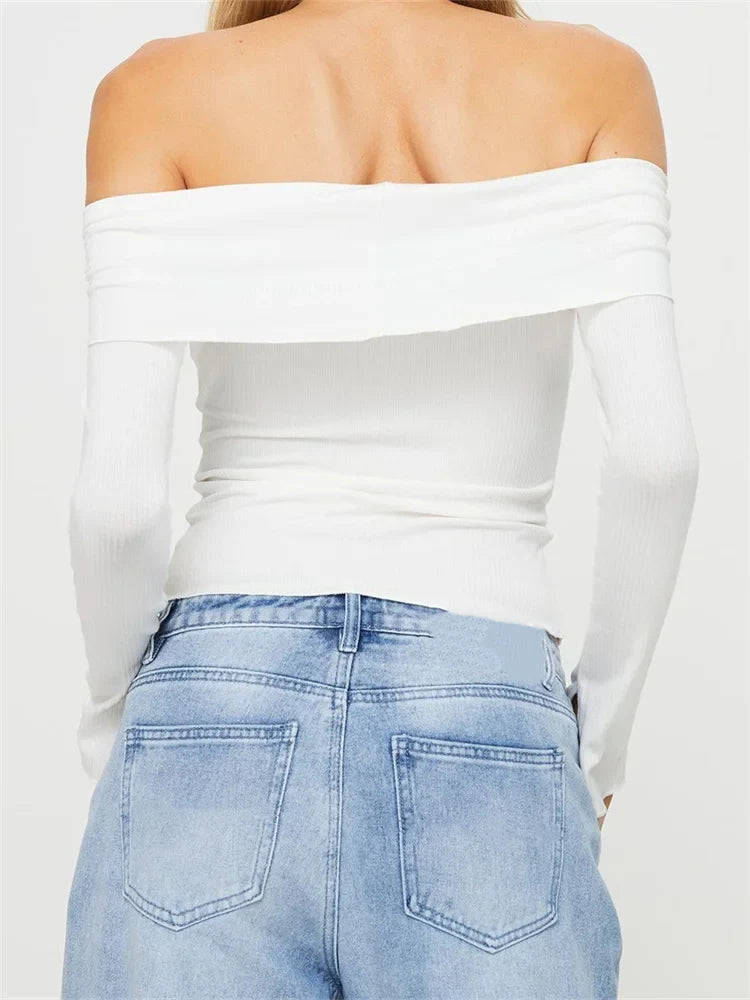 FashionSierra - Long Sleeve Off-shoulder Backless Button Up Slim Fit Ribbed Solid Color Clubwear Tee