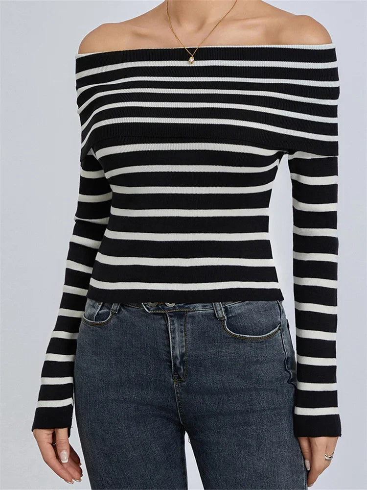 FashionSierra - Long Sleeve Slash Neck Off-shoulder Slim Fit Striped Print Lady Fall Streetwear Tee