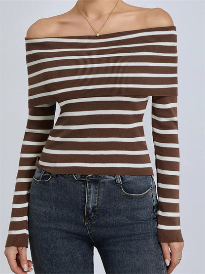 FashionSierra - Long Sleeve Slash Neck Off-shoulder Slim Fit Striped Print Lady Fall Streetwear Tee