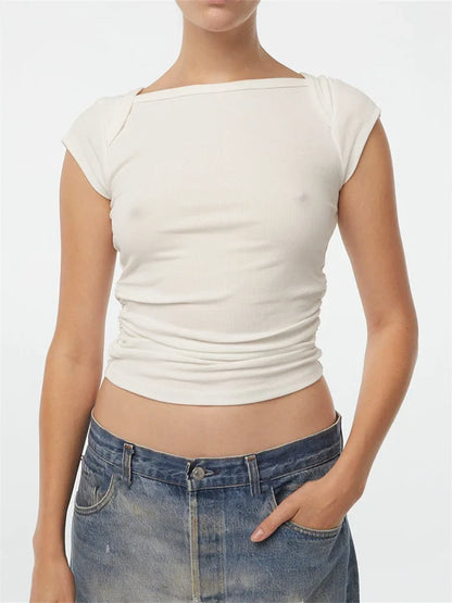 FashionSierra - Short Sleeve Solid Color Causal Summer Streetwear Slim Fit Female Base Pullovers Tee