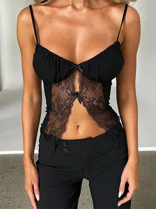 FashionSierra - 2025 Tank Top Spaghetti Strap Camisoles Sleeveless V-Neck Lace Patchwork Front Split Vest Summer Y2K Streetwear  Crop Tops