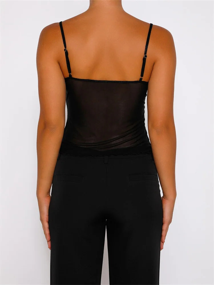 FashionSierra - 2025 Tank Top Spaghetti Strap Camisoles Sleeveless V-Neck Lace Patchwork Front Split Vest Summer Y2K Streetwear  Crop Tops
