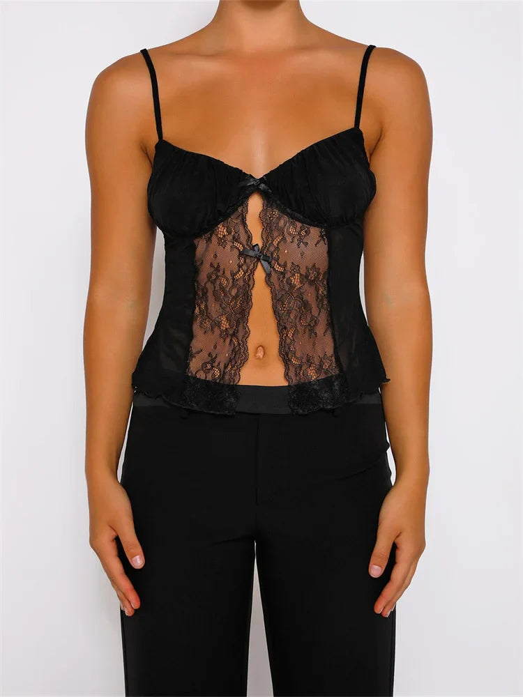 FashionSierra - 2025 Tank Top Spaghetti Strap Camisoles Sleeveless V-Neck Lace Patchwork Front Split Vest Summer Y2K Streetwear  Crop Tops
