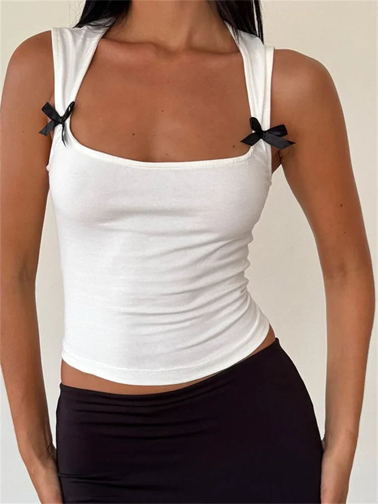 FashionSierra - 2025 Black Bow Patchwork Sleeveless Mini Vest Summer Fashion Slim Fit White Camis Cropped Streetwear  Crop Tops