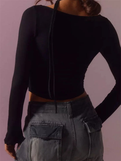 FashionSierra - 2025 V-neck Casual Long Sleeve Spring Autumn Solid Slim Fit Pullovers Female Streetwear Base Tops Tee