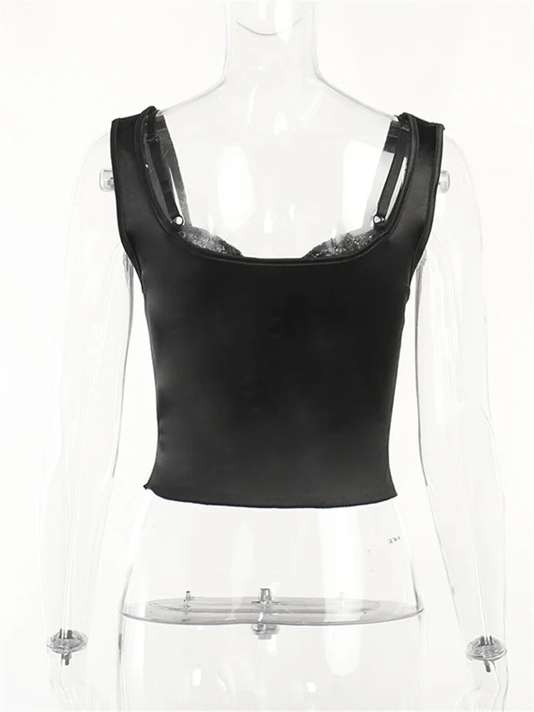FashionSierra - 2025 Vintage Lace Patchwork Spaghetti Strap Low Cut Backless Streetwear Mini Vests