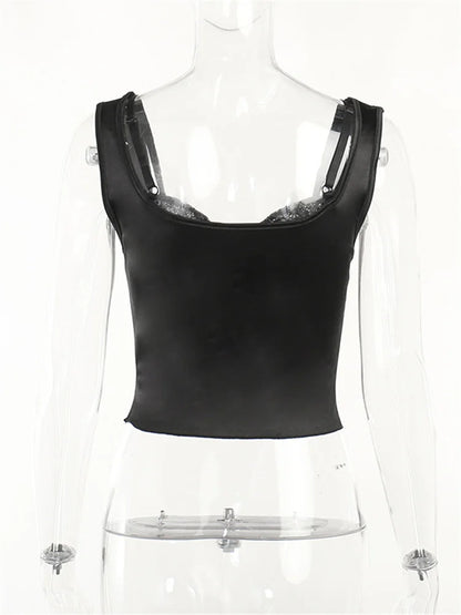 FashionSierra - 2025 Vintage Lace Patchwork Spaghetti Strap Low Cut Backless Streetwear Mini Vests