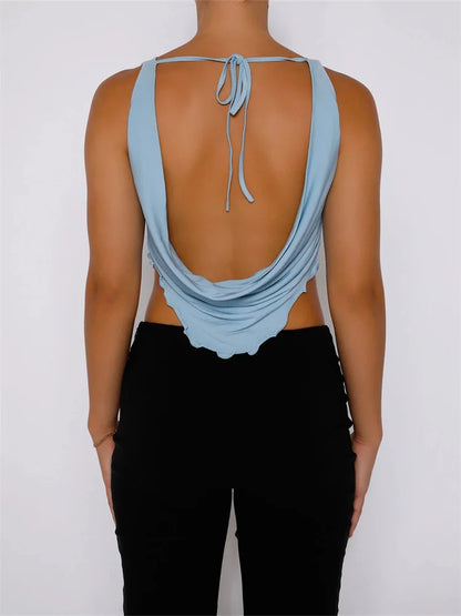 Women Vintage Low Cut Ruched Sleeveless Strap Slim Fit Backless Lace-up Y2K Streetwear 2024 New Crop Top