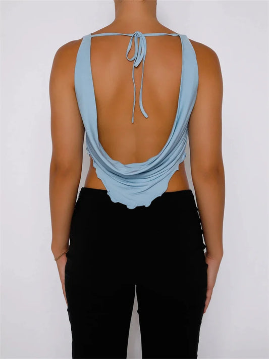 Women Vintage Low Cut Ruched Sleeveless Strap Slim Fit Backless Lace-up Y2K Streetwear 2024 New Crop Top