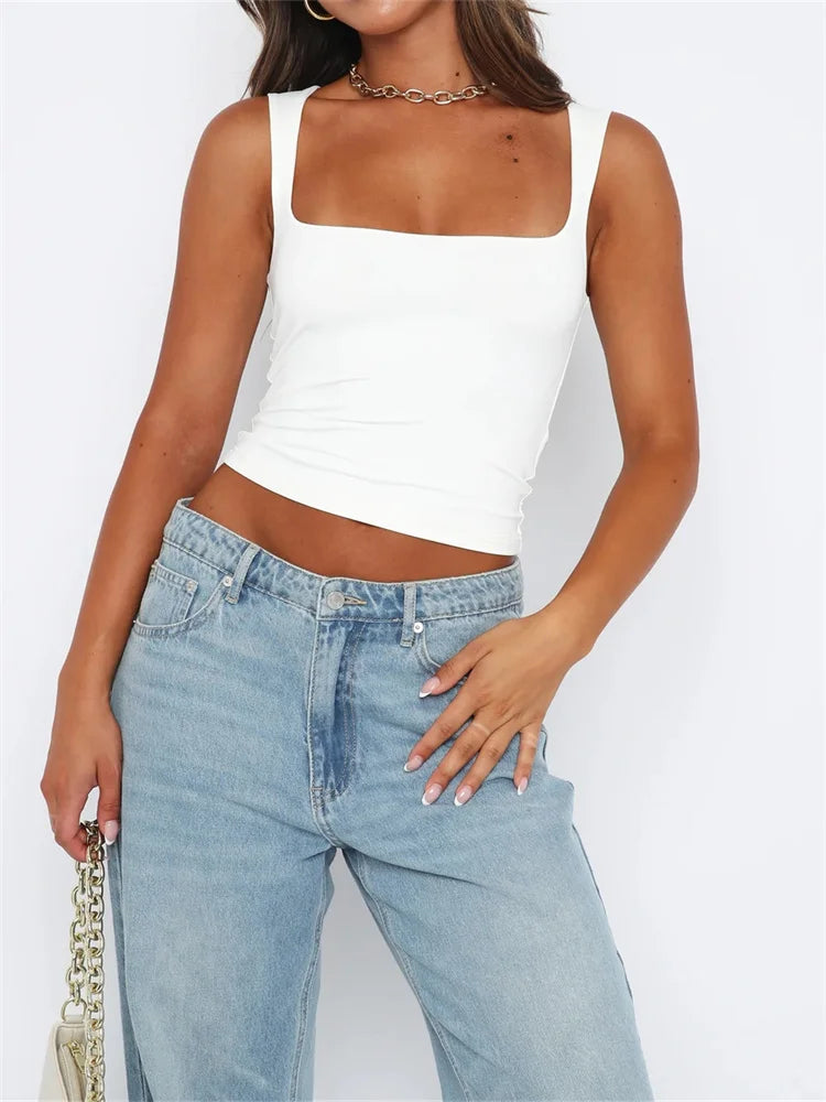 FashionSierra - 2025 Wide Strap Camis Solid Sleeveless Square Neck Sling Tank Summer Exposed Navel Vests Streetwear Crop Tops