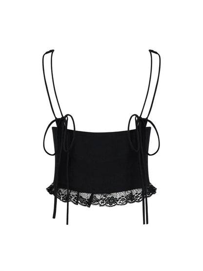 FashionSierra - 2025 Lace Front Tie-up Fairy Grunge Spaghetti Strap Camisole Cute Mini Vest Streetwear Crop Tops