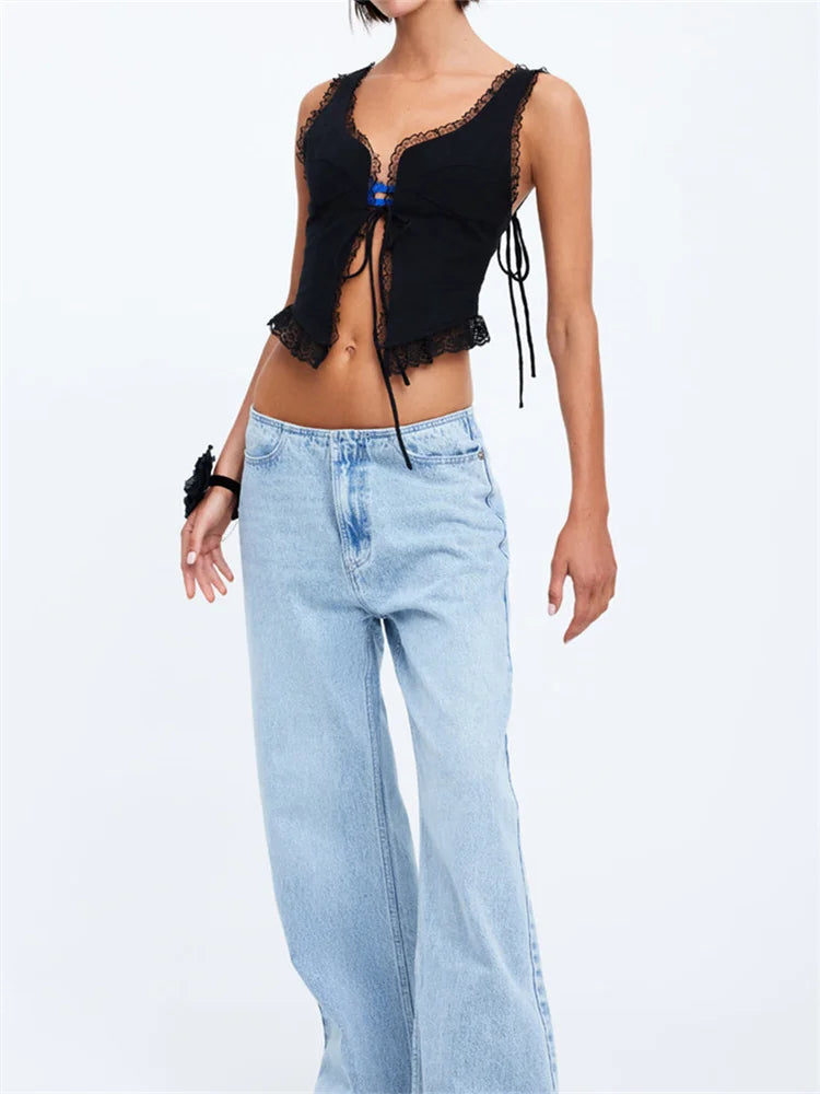FashionSierra - 2025 Lace Front Tie-up Fairy Grunge Spaghetti Strap Camisole Cute Mini Vest Streetwear Crop Tops