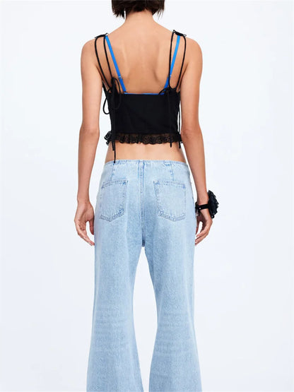 FashionSierra - 2025 Lace Front Tie-up Fairy Grunge Spaghetti Strap Camisole Cute Mini Vest Streetwear Crop Tops