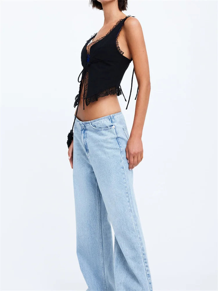 FashionSierra - 2025 Lace Front Tie-up Fairy Grunge Spaghetti Strap Camisole Cute Mini Vest Streetwear Crop Tops