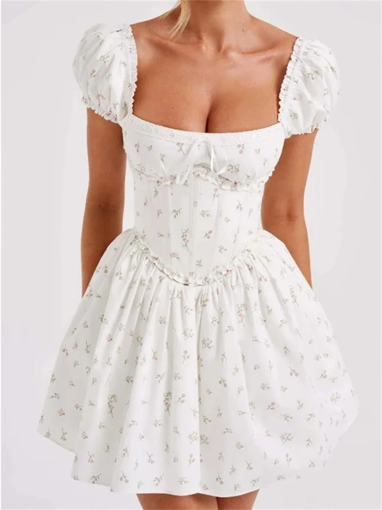 FashionSierra - High Waist Pleated Back Tie-up Ruffles Mini Dress