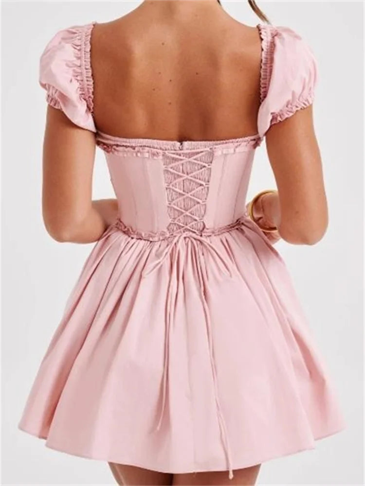 FashionSierra - High Waist Pleated Back Tie-up Ruffles Mini Dress