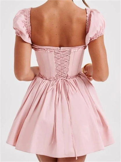 FashionSierra - High Waist Pleated Back Tie-up Ruffles Mini Dress
