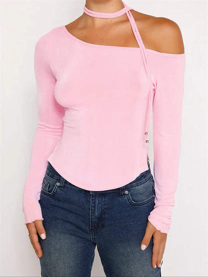 FashionSierra - 2025 Y2K Off Shoulder Long Sleeve Slim Fit Solid Color Backless Fashion Outfits Streetwear Tee
