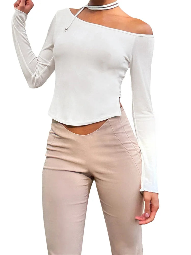 FashionSierra - 2025 Y2K Off Shoulder Long Sleeve Slim Fit Solid Color Backless Fashion Outfits Streetwear Tee