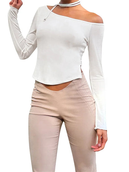 FashionSierra - 2025 Y2K Off Shoulder Long Sleeve Slim Fit Solid Color Backless Fashion Outfits Streetwear Tee