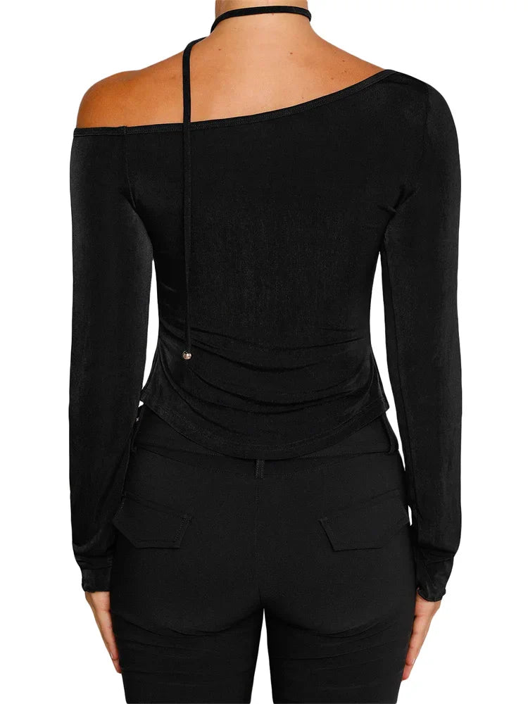 FashionSierra - 2025 Y2K Off Shoulder Long Sleeve Slim Fit Solid Color Backless Fashion Outfits Streetwear Tee