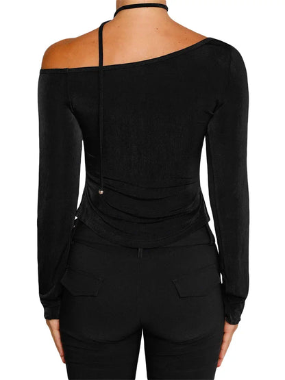 FashionSierra - 2025 Y2K Off Shoulder Long Sleeve Slim Fit Solid Color Backless Fashion Outfits Streetwear Tee