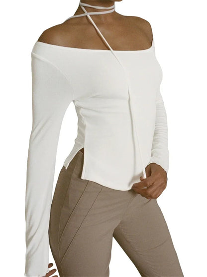 FashionSierra - 2025 Y2K Off Shoulder Long Sleeve Slim Fit Solid Color Backless Fashion Outfits Streetwear Tee