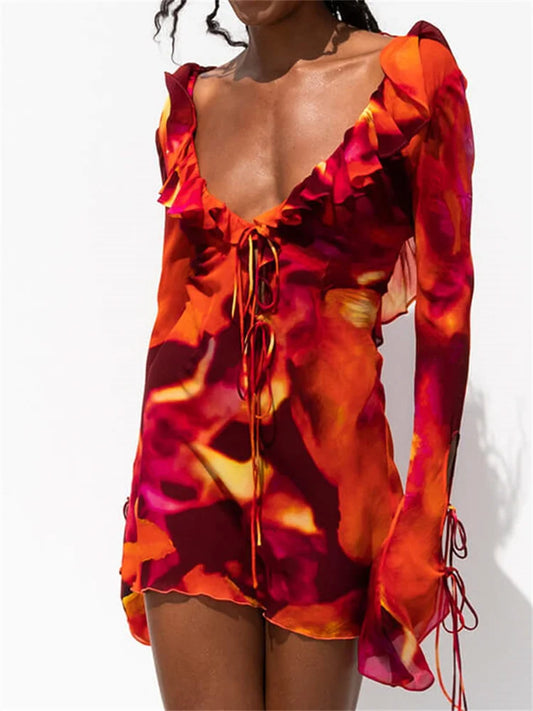 FashionSierra -2025 Y2K Ruffle Deep V-neck Slim Fit Mini Dress