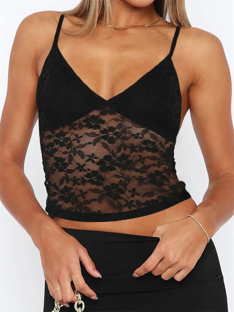 FashionSierra - 2025 Sleeveless Strap Camis V Neck Summer Lace Mesh See Through Tank Slim Fit Mini Vest Streetwear  New Crop Tops