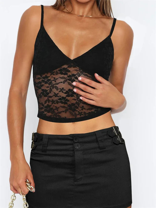 FashionSierra - 2025 Sleeveless Strap Camis V Neck Summer Lace Mesh See Through Tank Slim Fit Mini Vest Streetwear  New Crop Tops