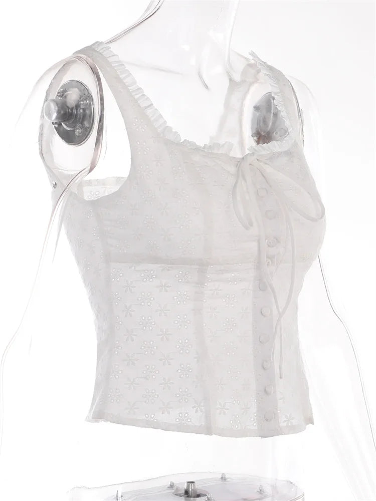 FashionSierra - 2025 Y2K Square Neck Bustiers Lace Patchwork Low Cut Front Buttons Up Fairycore Tank Crop Tops