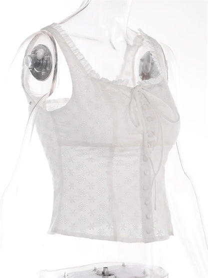 FashionSierra - 2025 Y2K Square Neck Bustiers Lace Patchwork Low Cut Front Buttons Up Fairycore Tank Crop Tops