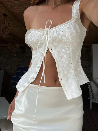 FashionSierra - 2025 Y2K Square Neck Bustiers Lace Patchwork Low Cut Front Buttons Up Fairycore Tank Crop Tops