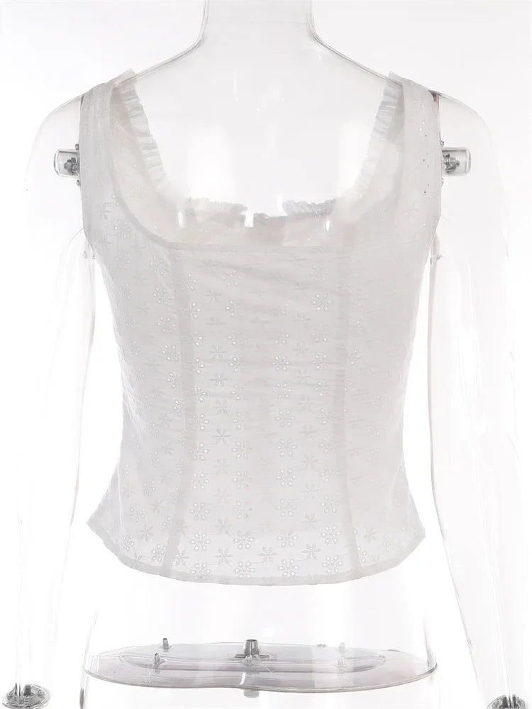 FashionSierra - 2025 Y2K Square Neck Bustiers Lace Patchwork Low Cut Front Buttons Up Fairycore Tank Crop Tops