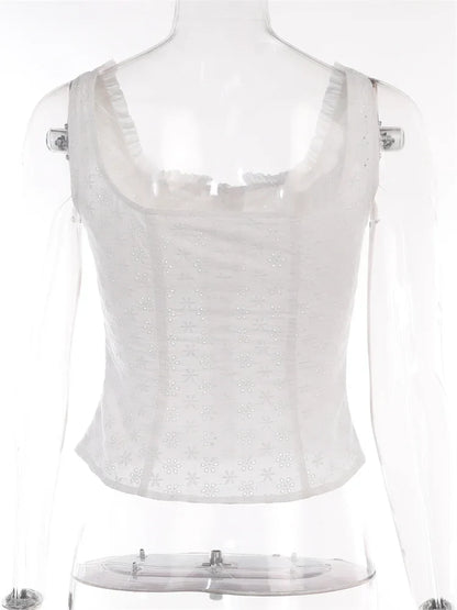 FashionSierra - 2025 Y2K Square Neck Bustiers Lace Patchwork Low Cut Front Buttons Up Fairycore Tank Crop Tops