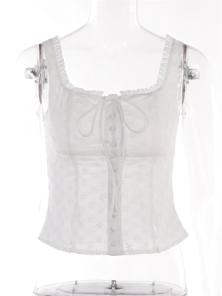 FashionSierra - 2025 Y2K Square Neck Bustiers Lace Patchwork Low Cut Front Buttons Up Fairycore Tank Crop Tops