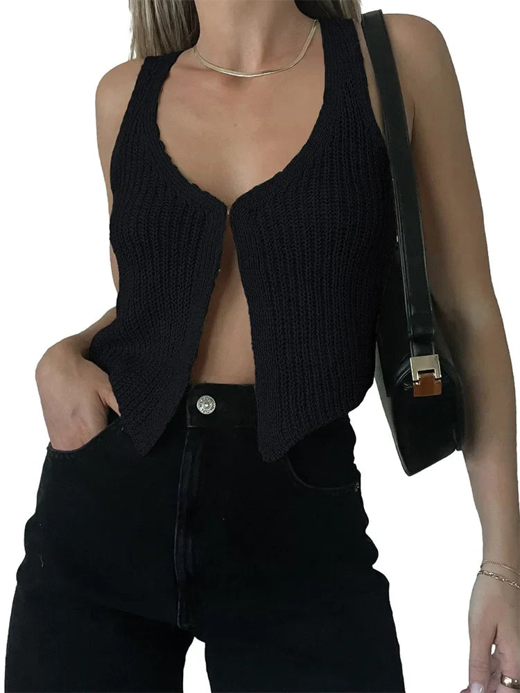 FashionSierra - 2025 Knitted Sweaters Vest Casual Retro Sleeveless V-Neck Buttons Up Tank Summer Autumn Chic Vest  Club Crop Tops