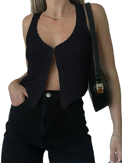 FashionSierra - 2025 Knitted Sweaters Vest Casual Retro Sleeveless V-Neck Buttons Up Tank Summer Autumn Chic Vest  Club Crop Tops