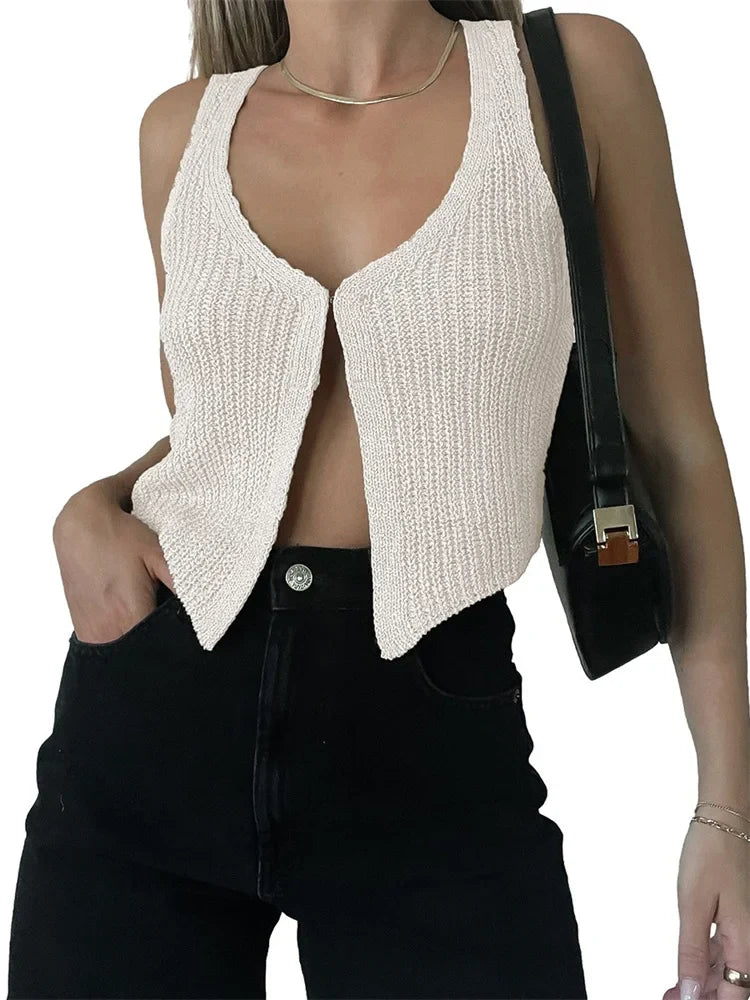 FashionSierra - 2025 Knitted Sweaters Vest Casual Retro Sleeveless V-Neck Buttons Up Tank Summer Autumn Chic Vest  Club Crop Tops