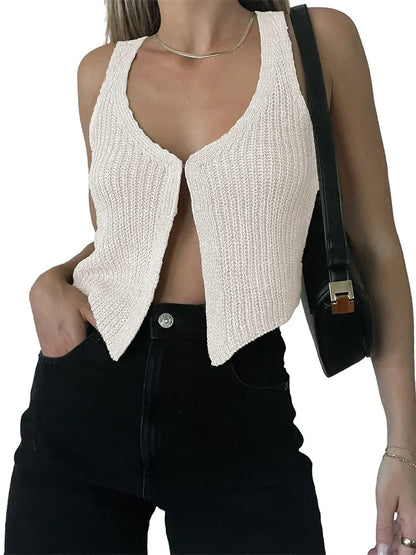FashionSierra - 2025 Knitted Sweaters Vest Casual Retro Sleeveless V-Neck Buttons Up Tank Summer Autumn Chic Vest  Club Crop Tops