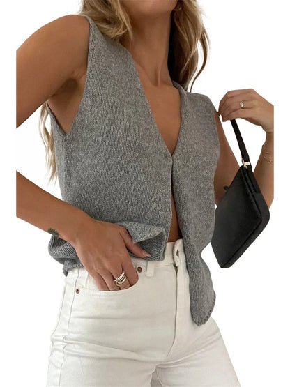FashionSierra - 2025 Knitted Sweaters Vest Casual Retro Sleeveless V-Neck Buttons Up Tank Summer Autumn Chic Vest  Club Crop Tops