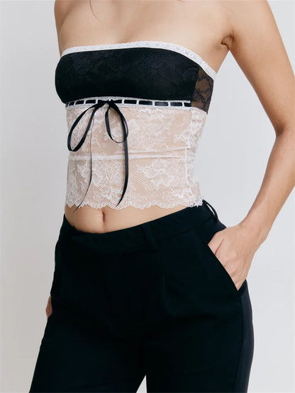 FashionSierra - 2025 Going Out Tank Strapless Off Shoulder Lace Floral Tube Patchwork Slim Fit Party Mini Vest  Crop Tops