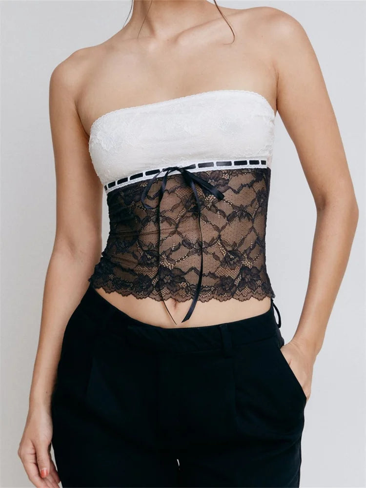 FashionSierra - 2025 Going Out Tank Strapless Off Shoulder Lace Floral Tube Patchwork Slim Fit Party Mini Vest  Crop Tops