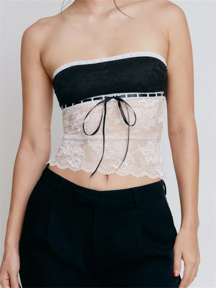 FashionSierra - 2025 Going Out Tank Strapless Off Shoulder Lace Floral Tube Patchwork Slim Fit Party Mini Vest  Crop Tops