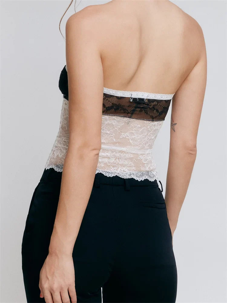 FashionSierra - 2025 Going Out Tank Strapless Off Shoulder Lace Floral Tube Patchwork Slim Fit Party Mini Vest  Crop Tops