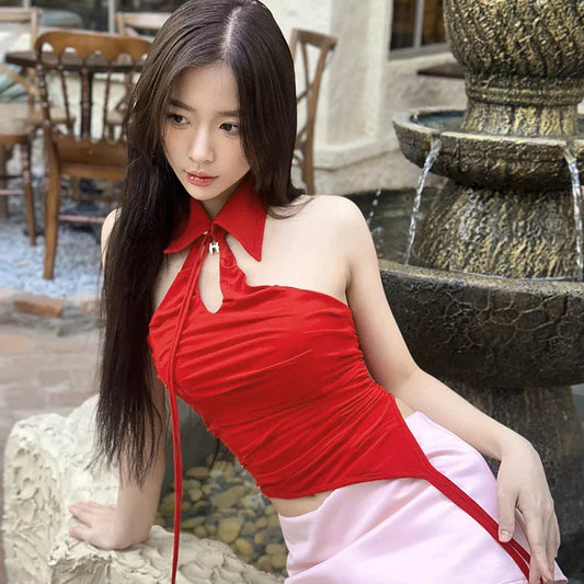2025 Vintage Solid Hollow Lapel Backless Asymmetric Suit Neck Flutter Tank Top