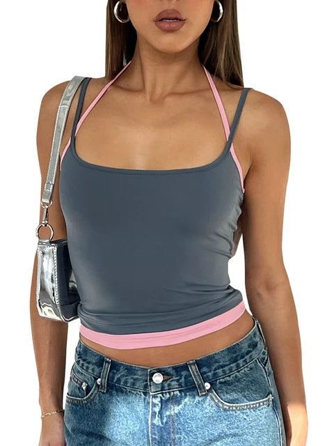 2025 Spring New Adjustable Straps Halter Clash Color Fake Two Piece Square Neck Backless Solid Hottie Girl Style Top
