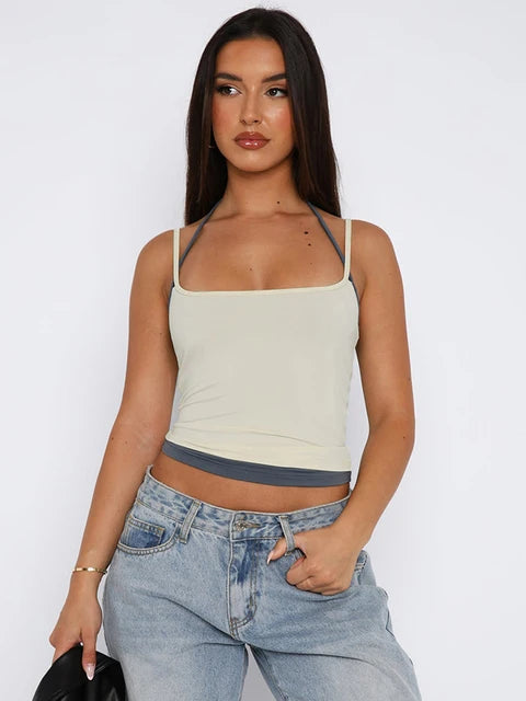 2025 Spring New Adjustable Straps Halter Clash Color Fake Two Piece Square Neck Backless Solid Hottie Girl Style Top