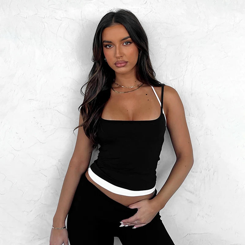 2025 Spring New Adjustable Straps Halter Clash Color Fake Two Piece Square Neck Backless Solid Hottie Girl Style Top